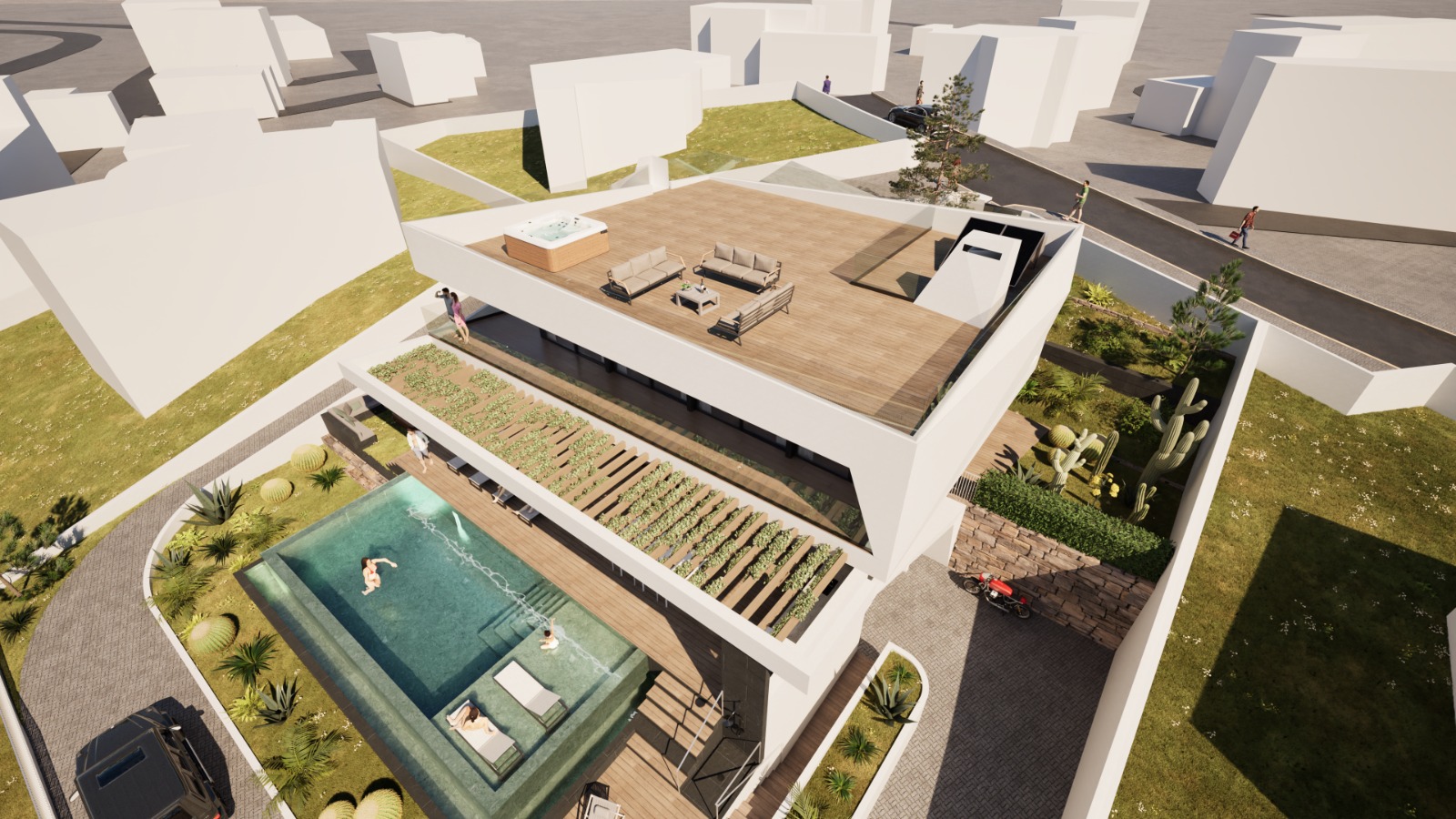 Aerial view of NURA showing the pool, landscaped terraces and rooftop