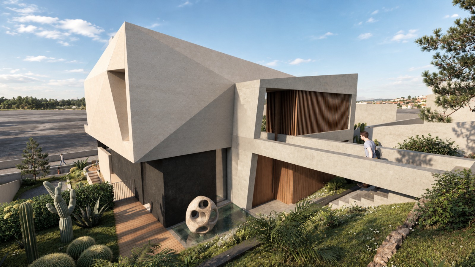 NURA entrance architecture and landscaped water feature